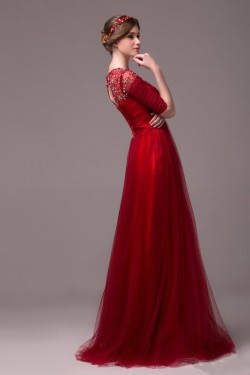 A-Line Half Sleeve Jewel Beaded Tulle Long Prom Evening Formal Party Dresses ED010618