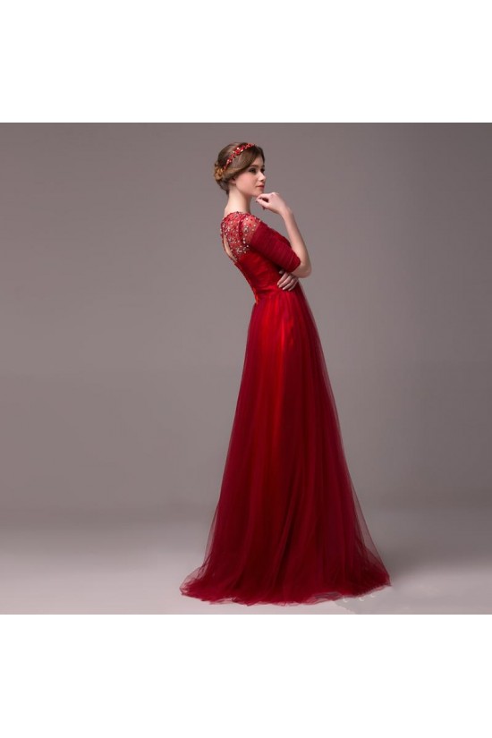 A-Line Half Sleeve Jewel Beaded Tulle Long Prom Evening Formal Party Dresses ED010618