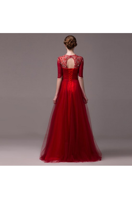 A-Line Half Sleeve Jewel Beaded Tulle Long Prom Evening Formal Party Dresses ED010618