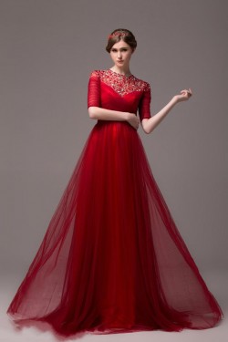 A-Line Half Sleeve Jewel Beaded Tulle Long Prom Evening Formal Party Dresses ED010618