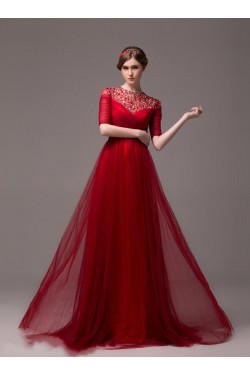 A-Line Half Sleeve Jewel Beaded Tulle Long Prom Evening Formal Party Dresses ED010618