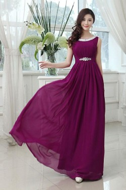 A-Line Bateau Beaded Purple Long Chiffon Prom Evening Formal Party Dresses ED010619