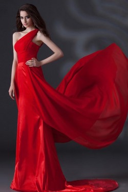 A-Line One-Shoulder Long Red Chiffon Prom Evening Formal Party Dresses ED010622