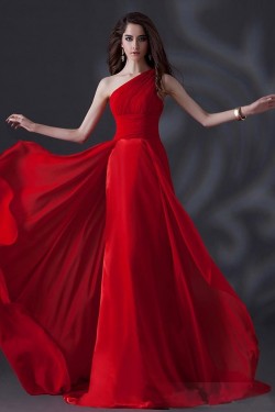 A-Line One-Shoulder Long Red Chiffon Prom Evening Formal Party Dresses ED010622