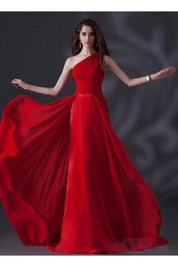 A-Line One-Shoulder Long Red Chiffon Prom Evening Formal Party Dresses ED010622