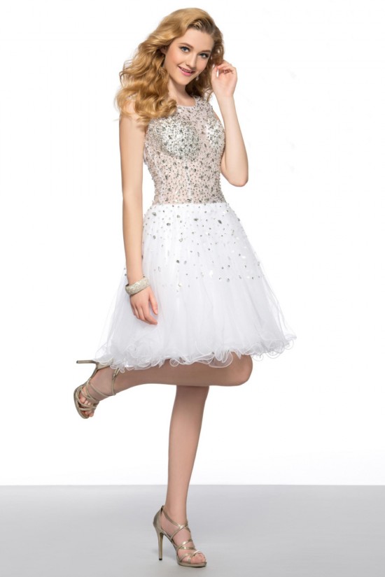 Modest Short White Beaded Prom Evening Cocktail Homecoming Party Dresses ED010628