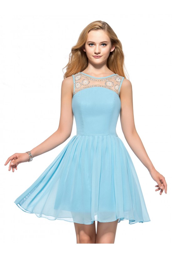 A-Line Short Bateau Blue Beaded Prom Evening Cocktail Homecoming Party Dresses ED010635