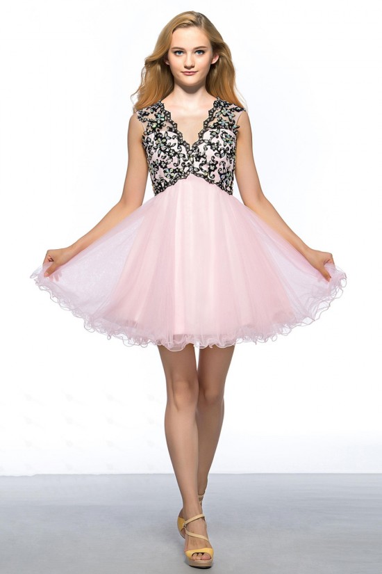 A-Line V-Neck Short Pink Applique Beaded Prom Evening Cocktail Homecoming Party Dresses ED010642