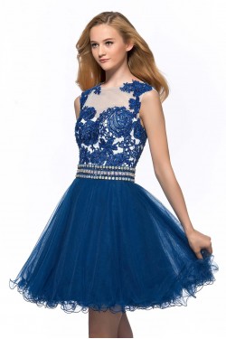 A-Line Short Blue Beaded Prom Evening Cocktail Homecoming Party Dresses ED010643