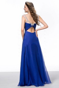 A-Line Bateau Beaded Long Blue Chiffon Prom Evening Formal Party Dresses ED010644