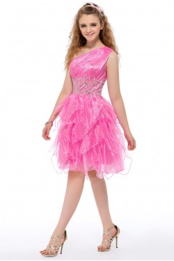 One-Shoulder Beaded Short Pink Prom Evening Formal Party Dresses ED010645