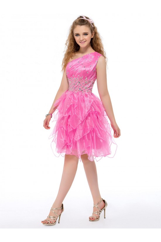 One-Shoulder Beaded Short Pink Prom Evening Formal Party Dresses ED010645