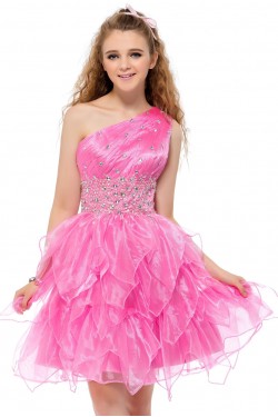 One-Shoulder Beaded Short Pink Prom Evening Formal Party Dresses ED010645