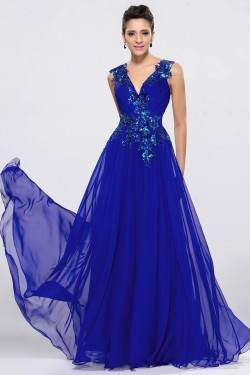 A-Line V-Neck Applique Long Blue Chiffon Prom Evening Formal Party Dresses ED010650