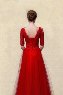 A-Line Half Sleeve V-Neck Beaded Long Red Prom Evening Formal Party Dresses ED010662