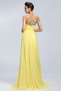 A-Line Straps Sleeveless Beaded Long Yellow Chiffon Prom Evening Formal Party Dresses ED010671