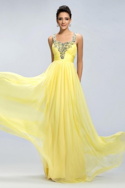 A-Line Straps Sleeveless Beaded Long Yellow Chiffon Prom Evening Formal Party Dresses ED010671