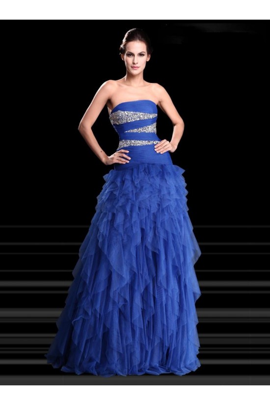 A-Line Strapless Beaded Long Blue Prom Evening Formal Party Dresses ED010672
