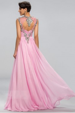 A-Line Beaded Long Pink Chiffon Prom Evening Formal Party Dresses ED010682