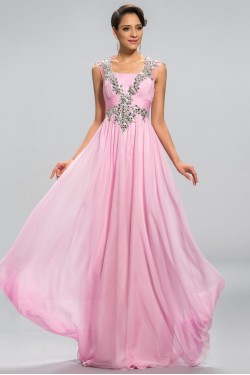 A-Line Beaded Long Pink Chiffon Prom Evening Formal Party Dresses ED010682
