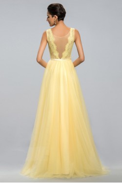 A-Line Bateau Long Yellow Lace and Chiffon Prom Evening Formal Party Dresses ED010688