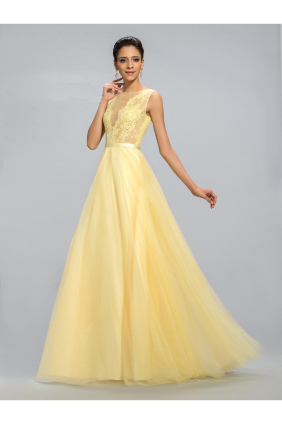 A-Line Bateau Long Yellow Lace and Chiffon Prom Evening Formal Party Dresses ED010688