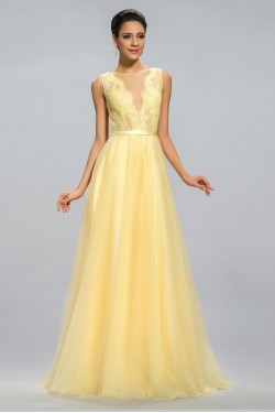 A-Line Bateau Long Yellow Lace and Chiffon Prom Evening Formal Party Dresses ED010688