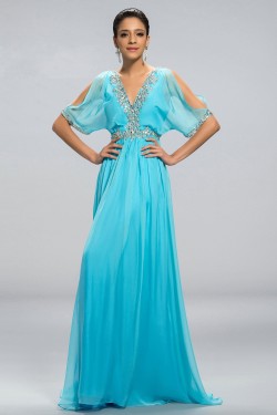 A-Line V-Neck Short Sleeve Beaded Long Blue Chiffon Prom Evening Formal Party Dresses ED010692