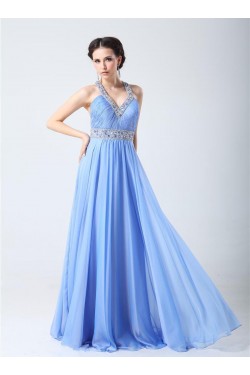 A-Line V-Neck Beaded Long Chiffon Prom Evening Formal Party Dresses ED010704