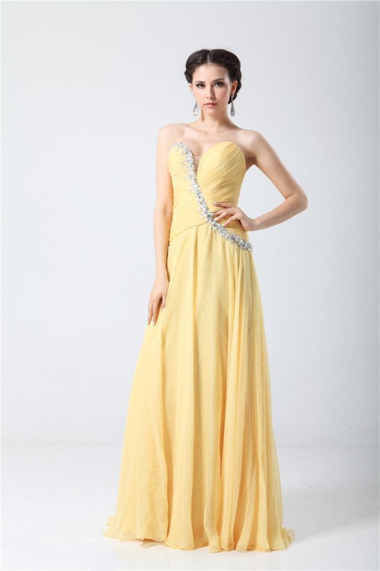 A-Line Sweetheart Beaded Long Yellow Chiffon Prom Evening Formal Party Dresses ED010706