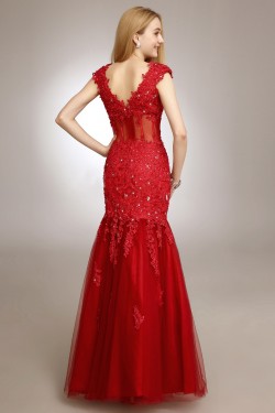 Trumpet/Mermaid V-Neck Long Red Beaded Applique Prom Evening Formal Party Dresses ED010719