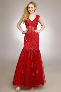 Trumpet/Mermaid V-Neck Long Red Beaded Applique Prom Evening Formal Party Dresses ED010719