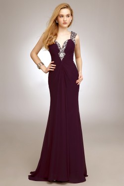 Sheath/Column Straps Beaded Long Chiffon Prom Evening Formal Party Dresses ED010720