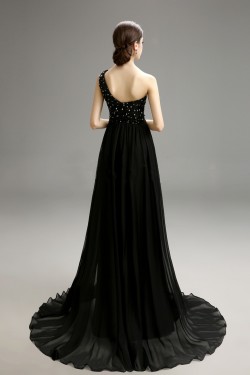 A-Line One-Shoulder Beaded Long Black Chiffon Prom Evening Formal Party Dresses ED010721