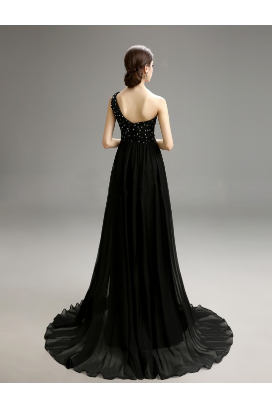 A-Line One-Shoulder Beaded Long Black Chiffon Prom Evening Formal Party Dresses ED010721 A-Line One-Shoulder Beaded Long Black Chiffon Prom Evening Formal Party Dresses ED010721