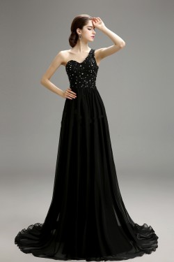 A-Line One-Shoulder Beaded Long Black Chiffon Prom Evening Formal Party Dresses ED010721
