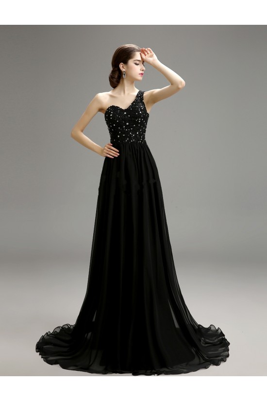 A-Line One-Shoulder Beaded Long Black Chiffon Prom Evening Formal Party Dresses ED010721 A-Line One-Shoulder Beaded Long Black Chiffon Prom Evening Formal Party Dresses ED010721