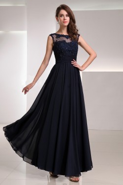 A-Line Bateau Beaded Applique Long Navy Blue Chiffon Prom Evening Formal Party Dresses ED010722