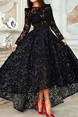 Vinatge Long Sleeve Asymmetrical Black Lace Evening Dress ED010725