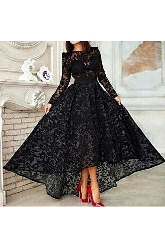 Vinatge Long Sleeve Asymmetrical Black Lace Evening Dress ED010725