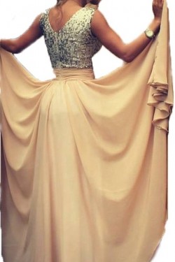 A-Line V-Neck Sequins Chiffon Long Prom Evening Party Dresses ED010726