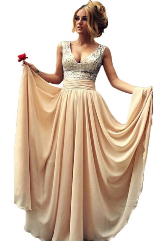 A-Line V-Neck Sequins Chiffon Long Prom Evening Party Dresses ED010726 A-Line V-Neck Sequins Chiffon Long Prom Evening Party Dresses ED010726