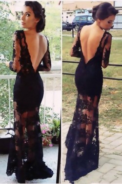 Long Sleeve Lace Black Low V-Back Evening Formal Party Dresses ED010727
