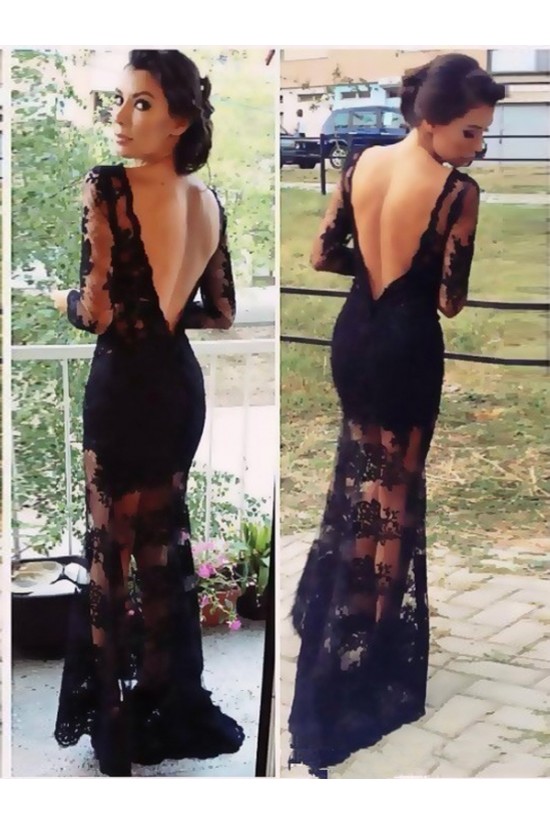 Long Sleeve Lace Black Low V-Back Evening Formal Party Dresses ED010727 Long Sleeve Lace Black Low V-Back Evening Formal Party Dresses ED010727