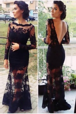 Long Sleeve Lace Black Low V-Back Evening Formal Party Dresses ED010727