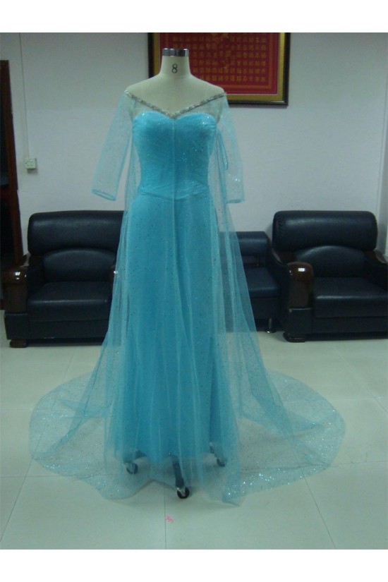 V-Neck Half Sleeve Beaded Long Blue Prom Evening Formal Party Dresses ED010750