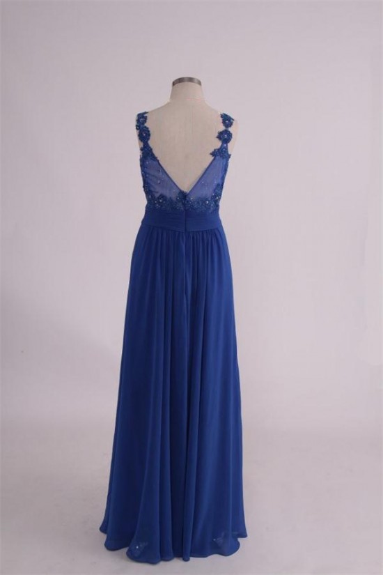 A-Line Long Blue Sequin Applique Chiffon Prom Evening Formal Party Dresses ED010759