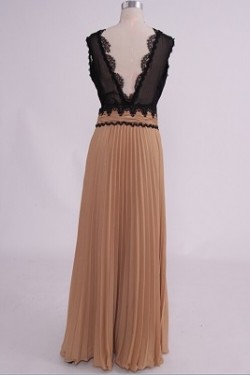 A-Line V-Neck Lace and Chiffon Pleated Long Prom Evening Formal Party Dresses ED010768