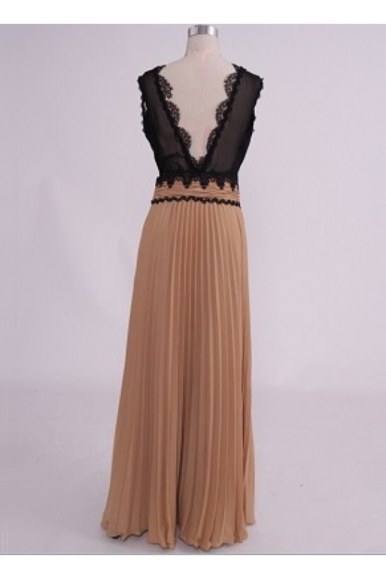 A-Line V-Neck Lace and Chiffon Pleated Long Prom Evening Formal Party Dresses ED010768