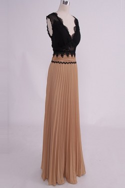 A-Line V-Neck Lace and Chiffon Pleated Long Prom Evening Formal Party Dresses ED010768